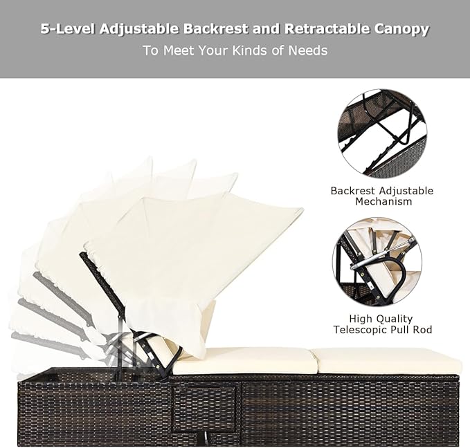 COSTWAY Patio Rattan Lounge Chair Chaise Cushioned Top Canopy Adjustable W/Tea Table - Photo 7