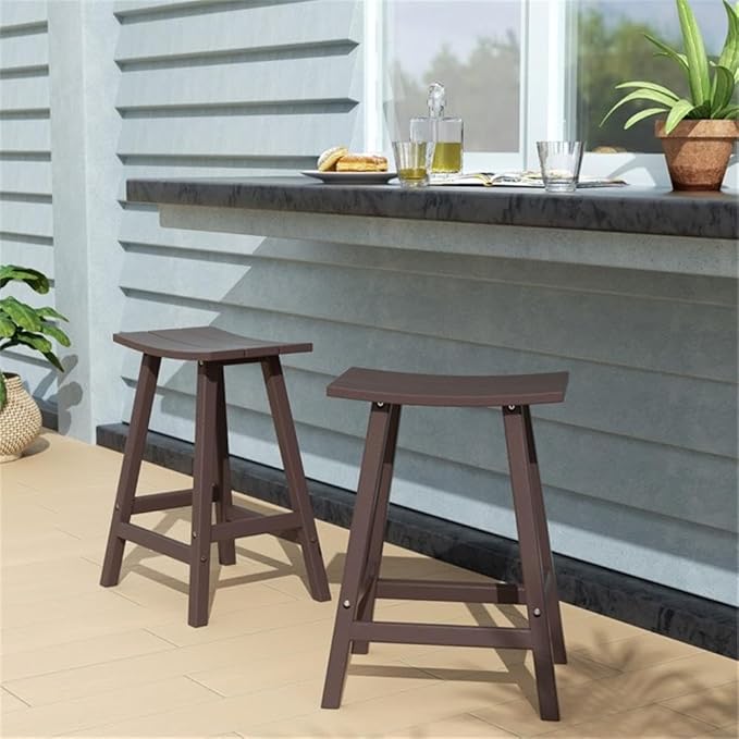 Costaelm All-Weather Bar Stools Set of 2, 24" Height Outdoor Bar Stools, Adirondack Poly Patio Bar Stool for Patio, Deck, Kitchen Counter and Garden, Dark Brown