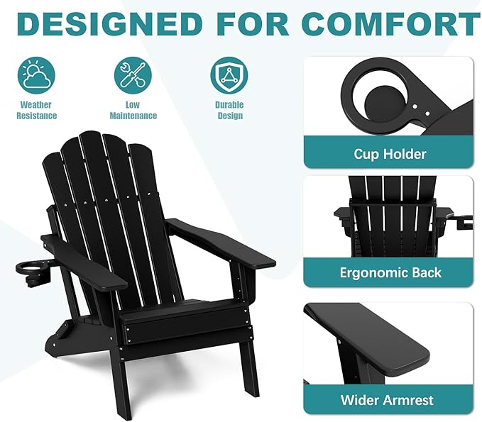 FOOWIN Adirondack Chair, Folding HDPE Patio Chair with Cup Holder, 400LBS Heavy Duty Plastic Outdoor Chair for Fire Pit, Porch, Balcony, Deck, Weather Resistant, Black
