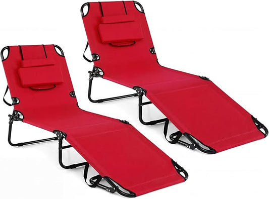 Tangkula Beach Lounge Chair, Folding Sunbathing Recliner with Face Hole, Face Down Tanning Chair with 4-Level Adjustable Backrest & 3 Removable Pillows, Chaise Lounge Chair for Patio (2, Red)