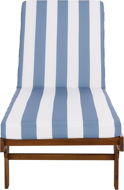 SAFAVIEH Outdoor Patio Furniture Collection - Newport Natural Solid Wood Chaise Lounge Chair with Baby Blue Stripe Cushion, Adjustable Backrest (PAT7316U)
