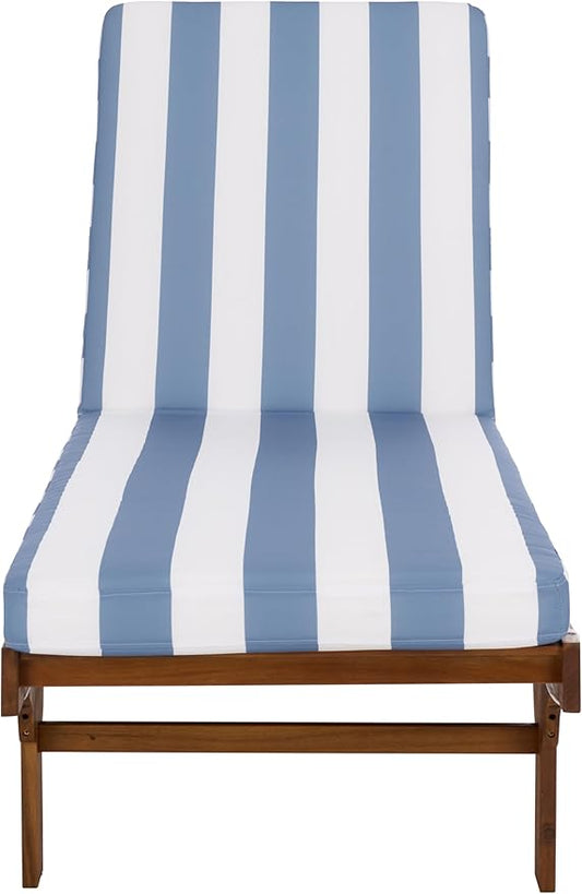 SAFAVIEH Outdoor Patio Furniture Collection - Newport Natural Solid Wood Chaise Lounge Chair with Baby Blue Stripe Cushion, Adjustable Backrest (PAT7316U)
