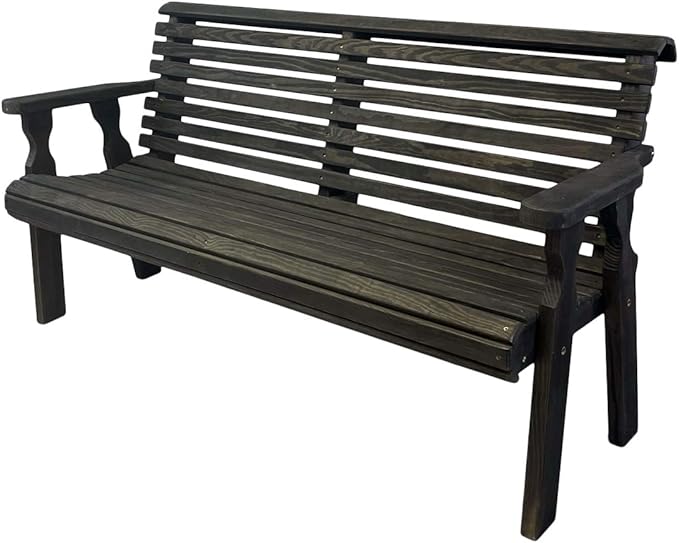 Amish Casual Heavy Duty 5 Foot Roll Back Outdoor Bench in Black Stain - Amish Made in The USA from Treated Pine for Outdoor Durability, 700 Lb Weight Capacity