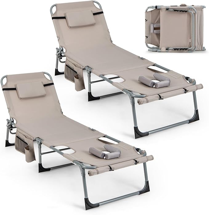 GYMAX Tanning Chair, 330LBS Beach Lounge Chair with Face Arm Hole & Hand Shoulder Strap, Folding Layout Sunbathing Chair, Face Down Outdoor Chaise Lounger for Patio, Poolside, Lawn, Backyard (2, Sand)