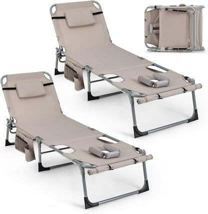 GYMAX Tanning Chair, 330LBS Beach Lounge Chair with Face Arm Hole & Hand Shoulder Strap, Folding Layout Sunbathing Chair, Face Down Outdoor Chaise Lounger for Patio, Poolside, Lawn, Backyard (2, Sand)