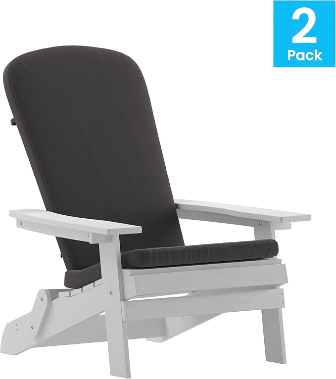 Flash Furniture Charlestown Folding Adirondack Chairs Poly Resin Frame-All-Weather Cushions-Indoor/Outdoor Use, Set of 2, White/Gray