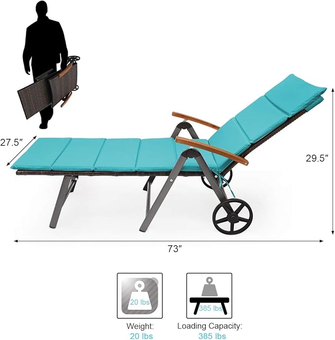 COSTWAY Folding Rattan Lounge with Wheels, Aluminum Patio Lounger with 7 Adjustable Positions, Soft Cushion - Photo 3