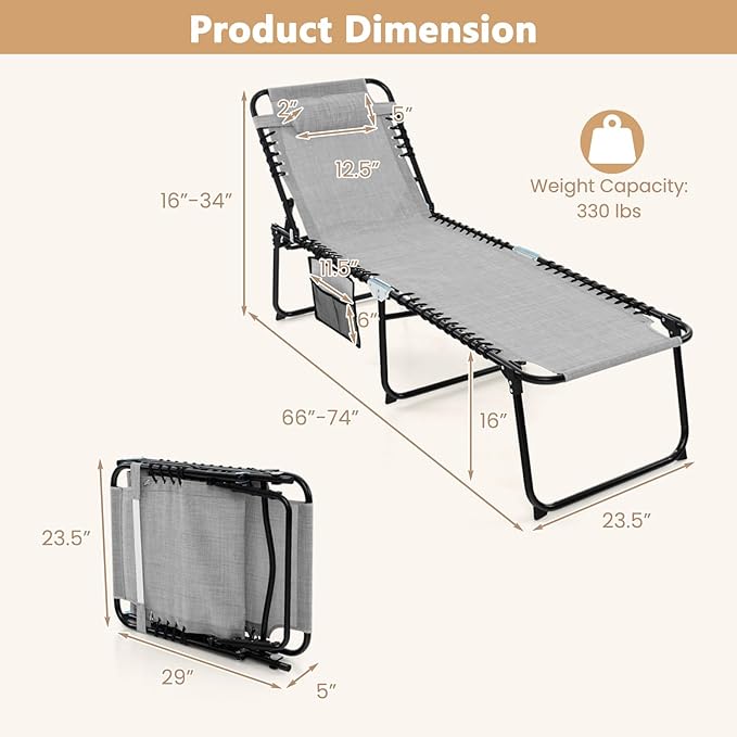 Giantex Patio Lounge Chairs for Outside - Set of 2 Folding Tanning Chair w/Headrest, 4 Adjustable Positions, Side Pocket, Outdoor Chaise Lounge for Camping, Pool, Sunbathing Beach Chair, Grey