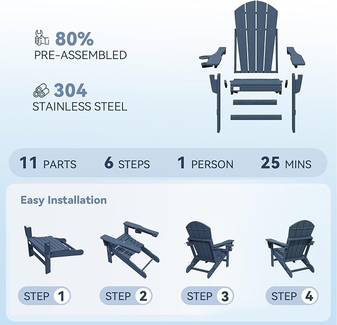 Mdeam 3-Position Adjustable Adirondack Chairs Set of 2, 400LBS Capacity, Cup Holder, Wooden Textured, All-Weather HDPE Folding Fire Pit Outdoor Chairs for Poolside Deck Patio Garden Yard - Navy Blue