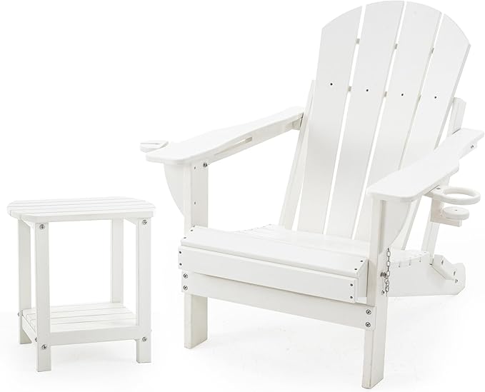 Folding Adirondack Chair Set with Side Table - HDPE Outdoor Patio Chairs, Weatherproof Chair with Reclining Back, Cup & Phone Holder, and 2-Tier Storage End Table for Firepit or Garden (White)