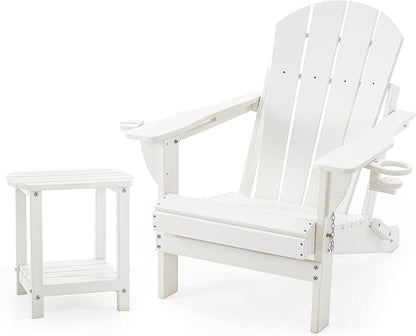 Folding Adirondack Chair Set with Side Table - HDPE Outdoor Patio Chairs, Weatherproof Chair with Reclining Back, Cup & Phone Holder, and 2-Tier Storage End Table for Firepit or Garden (White)