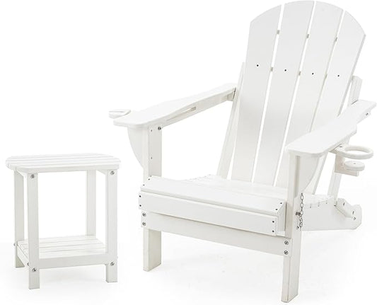 Folding Adirondack Chair Set with Side Table - HDPE Outdoor Patio Chairs, Weatherproof Chair with Reclining Back, Cup & Phone Holder, and 2-Tier Storage End Table for Firepit or Garden (White)