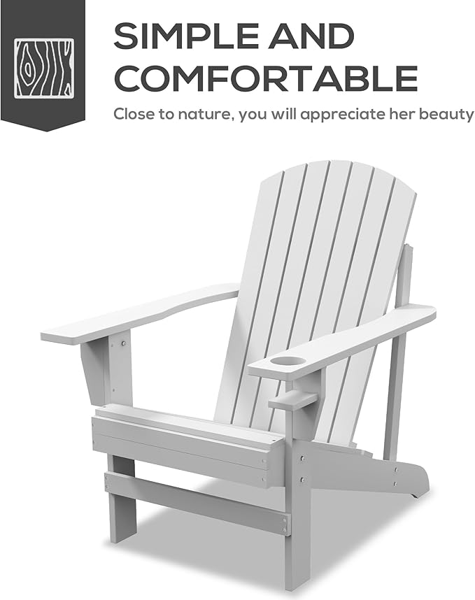 Outsunny Wooden Adirondack Chair, Outdoor Patio Lawn Chair with Cup Holder, Weather Resistant Lawn Furniture, Classic Lounge for Deck, Garden, Backyard, Fire Pit, White