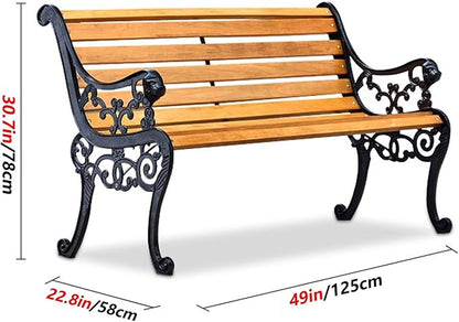 Metal Garden Bench, Cast Iron & Wood Outdoor Park Seat with Backrest & Armrests, Comfortable Slatted Wood for Patio, Garden, Indoor Use (59"x22.8"x30.7")