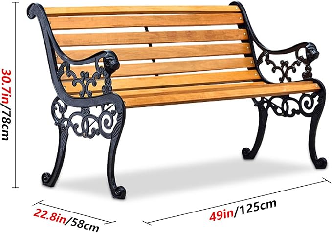 Cast Iron Garden Bench, Wooden Slatted Seat with Backrest & Armrests, Comfortable Outdoor Patio Park Furniture, 59" x 22.8" x 30.7" for Indoor & Outdoor Use