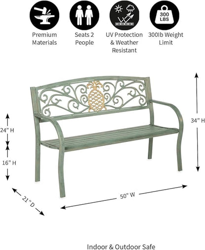 Evergreen Weatherproof Pineapple Outdoor Bench | Holds Up to 300 lbs | Garden Patio Porch Park Deck | Metal | Green
