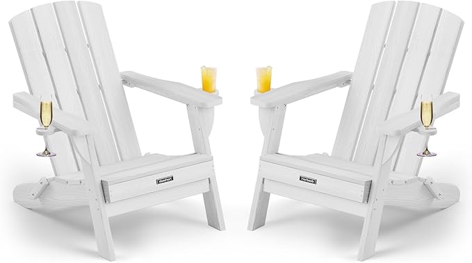 Folding Adirondack Chair Wood Texture 2 Pack, HDPE All-Weather Fire Pit Chairs, Plastic Adirondack Chairs with 2 Cup Holder, Outdoor Lawn Chair for Patio Garden (White)