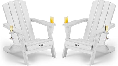 Folding Adirondack Chair Wood Texture 2 Pack, HDPE All-Weather Fire Pit Chairs, Plastic Adirondack Chairs with 2 Cup Holder, Outdoor Lawn Chair for Patio Garden (White)