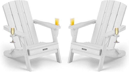 Folding Adirondack Chair Wood Texture 2 Pack, HDPE All-Weather Fire Pit Chairs, Plastic Adirondack Chairs with 2 Cup Holder, Outdoor Lawn Chair for Patio Garden (White)