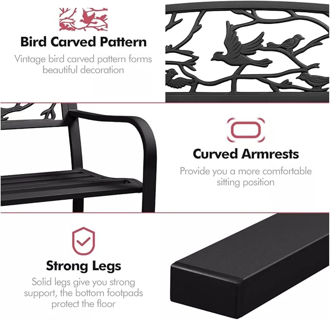 Patio Outdoor Park Loveseat Bench for Garden Porch Deck Made Cast Iron Anti-Rust Aluminum Metal, 2-3 Seater Aluminium Steel (Bird Pattern 50")