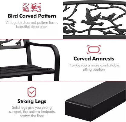 Patio Outdoor Park Loveseat Bench for Garden Porch Deck Made Cast Iron Anti-Rust Aluminum Metal, 2-3 Seater Aluminium Steel (Bird Pattern 50")