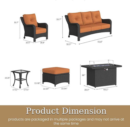7 Piece Patio Furniture Set with Fire Pit Table, All-Weather Wicker Outdoor Conversation Set with Rattan Chair and 6 Inch Thick Cushions