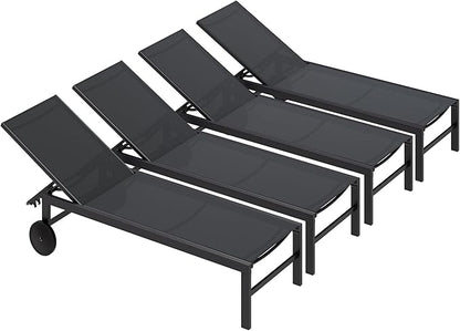 SUNLEI Lounge Chair for Outside Set of 4, Patio Chaise Lounge Outdoor w/ 5-Position Adjustable Backrest, Movable Pool Recliner Lounge Chairs, Tanning Chair for Patio, Charcoal Gray