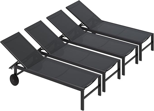 SUNLEI Lounge Chair for Outside Set of 4, Patio Chaise Lounge Outdoor w/ 5-Position Adjustable Backrest, Movable Pool Recliner Lounge Chairs, Tanning Chair for Patio, Charcoal Gray