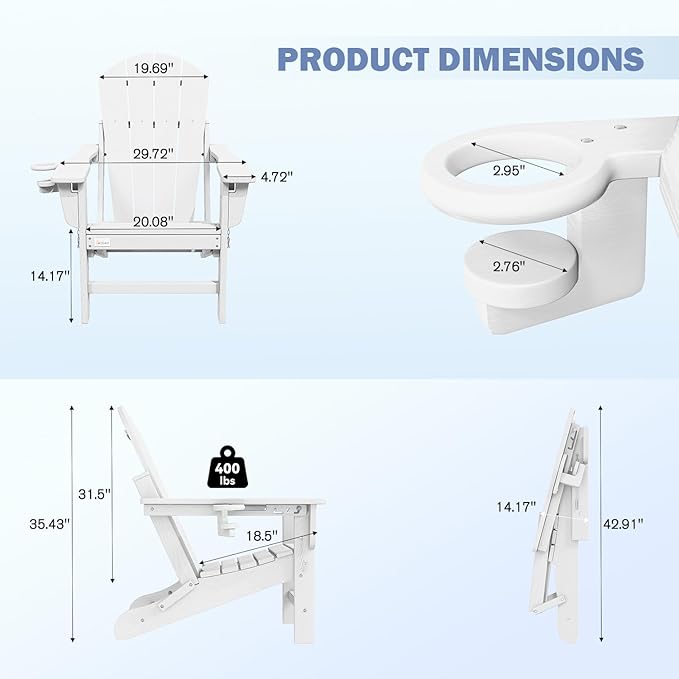 Mdeam 3-Position Adjustable Adirondack Chairs Set of 4, 400LBS Capacity, Cup Holder, Wooden Textured, All-Weather HDPE Folding Fire Pit Outdoor Chairs for Poolside Deck Patio Garden Yard Lawn - White