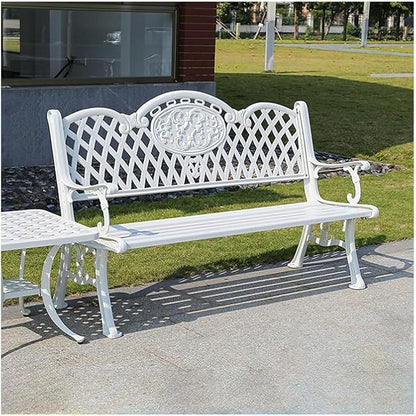 Outdoor Bench Chair Cast Aluminum Park Bench Large All Weather Metal Garden Bench for Backyard Porch Lawn (150cm White Bench)