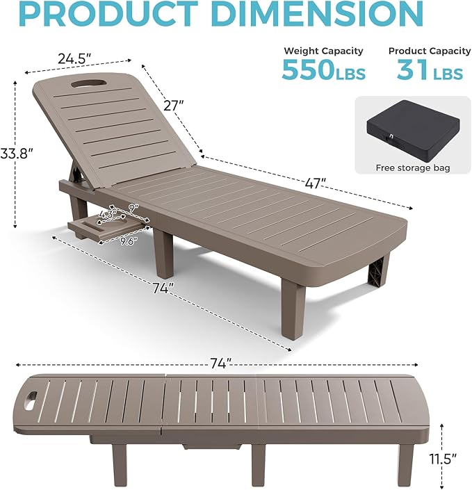 Outdoor Chaise Lounge Set of 4, 5-Position Adjustable Sun Lounge w/Pull-Out Tray, Waterproof PP Lounge Chairs for Outside, Lounge Chairs for Poolside, Patio, Beach, Yard in All Weather,Taupe