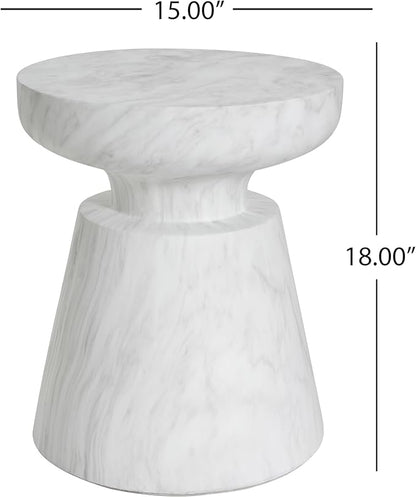 Christopher Knight Home Jayme 15"Indoor Outdoor Accent Side Table, Lightweight Concrete End Table, Travertine Round Tabletop, Easy Move, Decorative Garden Stool for Poolside Balcony Living Room, White