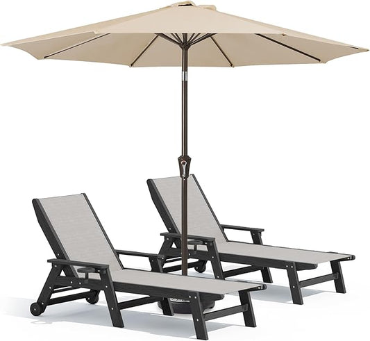 SERWALL Textilene Patio Chaise Lounge Chair Set of 2 with 9FT Patio Umbrella, 5 Positions Outdoor Lounger with Rolling Wheels for Pool, Deck, Black (Umbreall Base not Included)