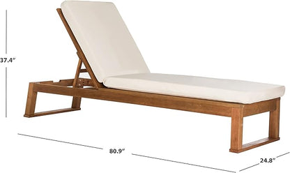 SAFAVIEH Outdoor Collection Solano Natural Brown Solid Wood/Beige Cushion Patio Adjustable Chaise Lounge Chair (PAT7024A)