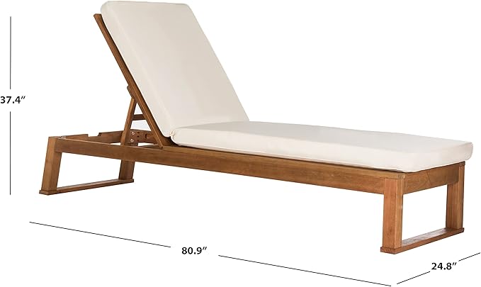 SAFAVIEH Outdoor Collection Solano Natural Brown Solid Wood/Beige Cushion Patio Adjustable Chaise Lounge Chair (PAT7024A)