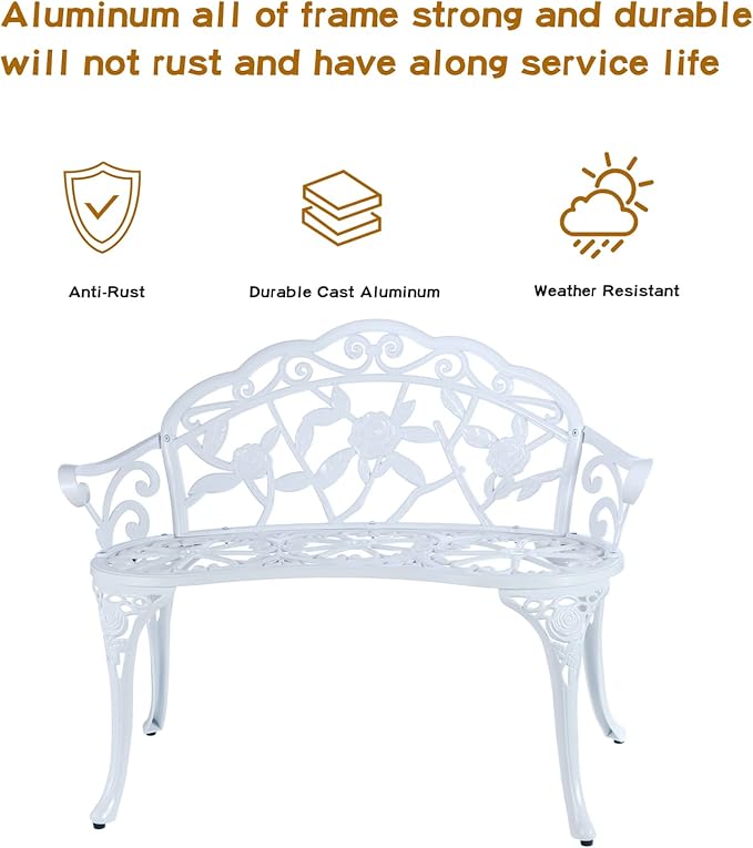 JARDIN DE CENTENNIAL Patio Garden Bench Metal Park Bench Cast Aluminum Outdoor Furniture with Floral Rose for Patio - Photo 3