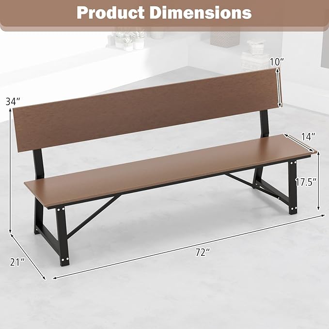 Giantex 72 Inches 4-Person Outdoor Bench with Weatherproof HDPE Backrest & Seat, Heavy Duty Metal Frame, 1100 Lbs Capacity, Park Bench for Lawn, Porch, Deck, Patio, Garden (1, Brown)