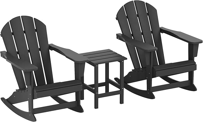 WO WESTIN OUTDOOR HDPE Laguna Outdoor Rocking Poly Adirondack Chair with Side Table 3-Piece Set, Gray