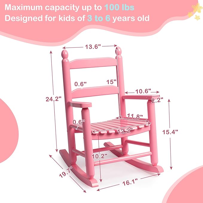 Outvita Outdoor Children's Rocking Chair, All-Weather Wooden Porch Rocker with High Backrest, Ideal for Garden, Yard, and Balcony, Patio Rocking Chair Suitable for Kids Ages 3-6(Pink)
