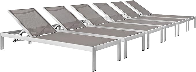 Modway Shore Aluminum Textilene® Mesh Outdoor Patio Six Poolside Chaise Lounge Chairs in Silver Gray - Photo 3