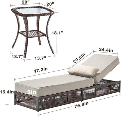 Luxury Outdoor Chaise Lounge Chairs of 2 with 5 Inch Thick Cushions and Side Table - 3 PCS High Back Brown Wicker Rattan Patio Recliners Lounger Furniture Set for Poolside Sunbathing - Beige