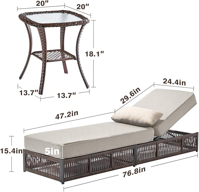 Luxury 2PCS Outdoor Chaise Lounge and Side Table Set with 5 Inch Thick Cushions - High Back Brown Wicker Patio Recliners Chairs Lounger for Poolside Pool Porch Garden Sunbathing - Beige