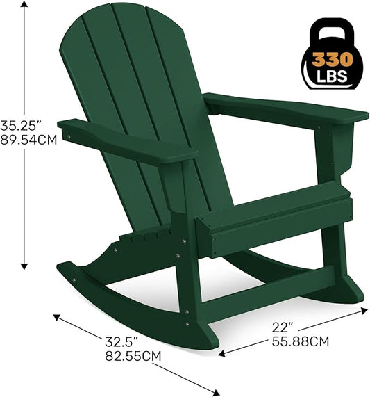 Costaelm Outdoor Adirondack Chair Set of 2, All Weather Resistant Classic Balcony Chair and Fire Pit Chairs, Plastic Outdoor Porch Furniture Rocking Chair High Back HDPE Poly Lumber, Dark Green