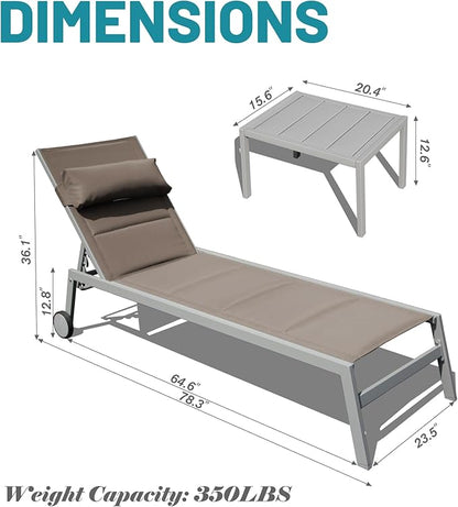 Domi Patio Chaise Lounge Set of 3, Outdoor Lounge Chair, Aluminum Textilene Padded 5 Position Pool Lounger, Stackable Lounge Chair w/Headrest, Wheels, Side Table, for Beach Backyard Lawn, Khaki