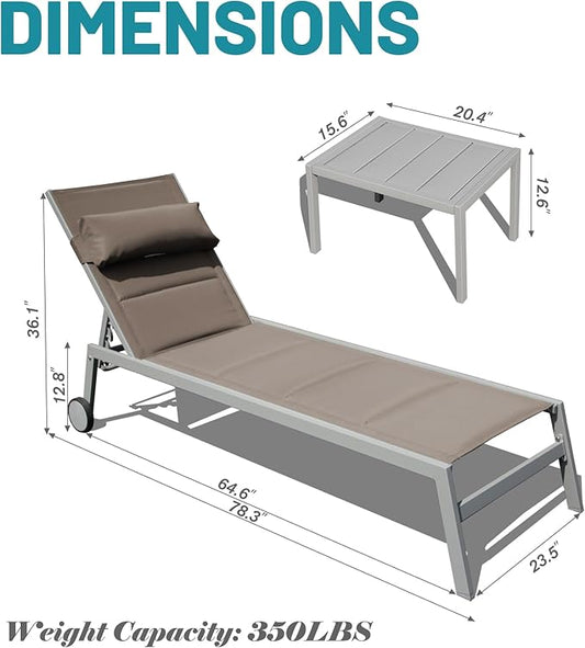 Domi Patio Chaise Lounge Set of 3, Outdoor Lounge Chair, Aluminum Textilene Padded 5 Position Pool Lounger, Stackable Lounge Chair w/Headrest, Wheels, Side Table, for Beach Backyard Lawn, Khaki