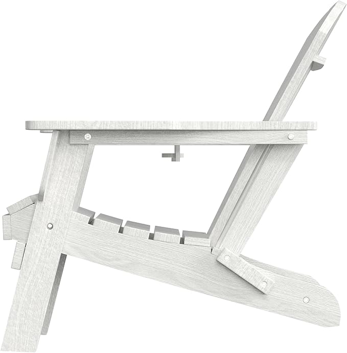 Folding Adirondack Chair with Cup Holder, HDPE All-Weather Folding Patio Chair, Outdoor Patio Adirondack Chair for Lawn Porch Garden Backyard Deck Fire Pit, White