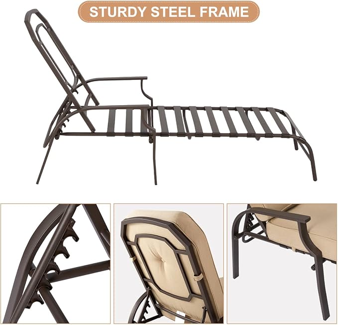 U-MAX Adjustable Outdoor Chaise Lounge Chair Patio Lounge Chair Recliner Furniture with Armrest and Cushion for Deck, Poolside, Backyard (Beige, 2PCS)