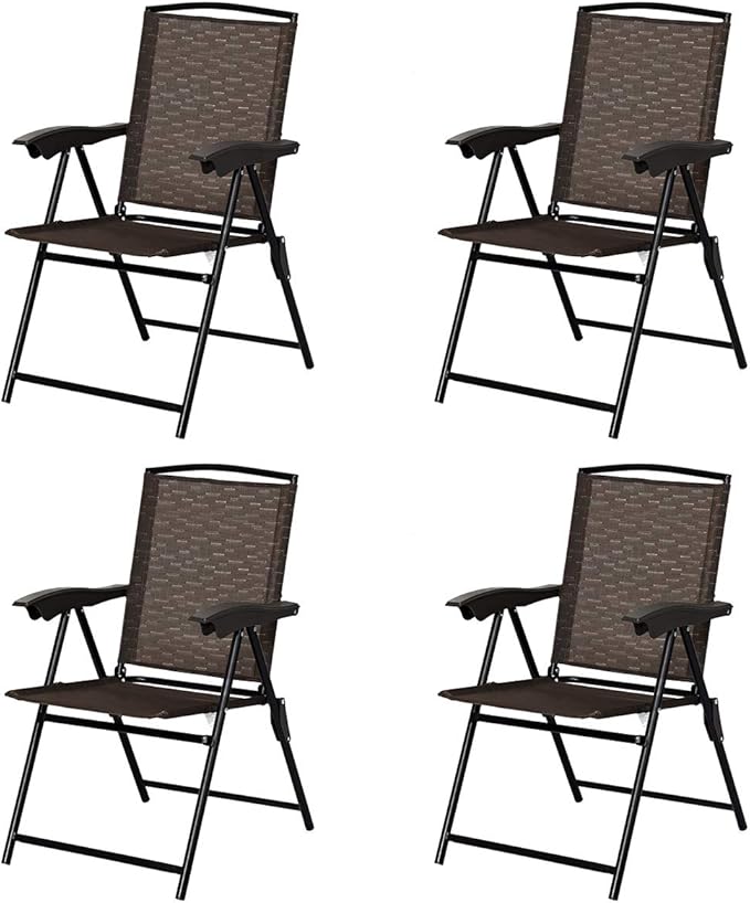 ARLIME Set of 4 Patio Folding Chairs, Height Adjustable Sling Backrest Chairs with Armrest, Weather-Resistant Chairs Portable for Outdoor Indoor Garden Pool Beach, Deck Lounge Chairs, Brown