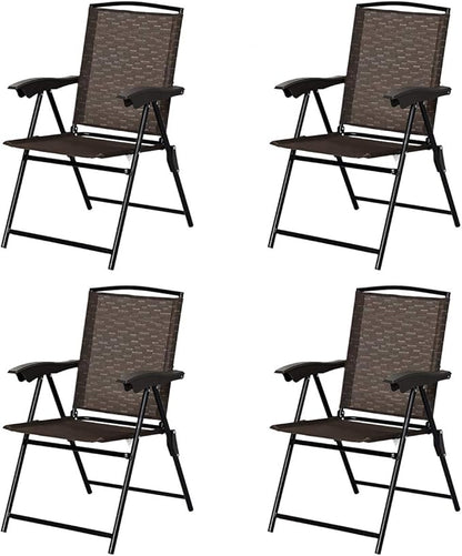 ARLIME Set of 4 Patio Folding Chairs, Height Adjustable Sling Backrest Chairs with Armrest, Weather-Resistant Chairs Portable for Outdoor Indoor Garden Pool Beach, Deck Lounge Chairs, Brown