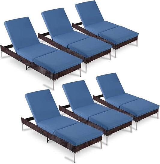 HOMREST Outdoor Lounge Chairs Set of 6, Patio Wicker Chaise Lounge with Removable Cushion, Rattan Pool Sunbathing Recliners with Adjustable Backrest (Navy Blue)